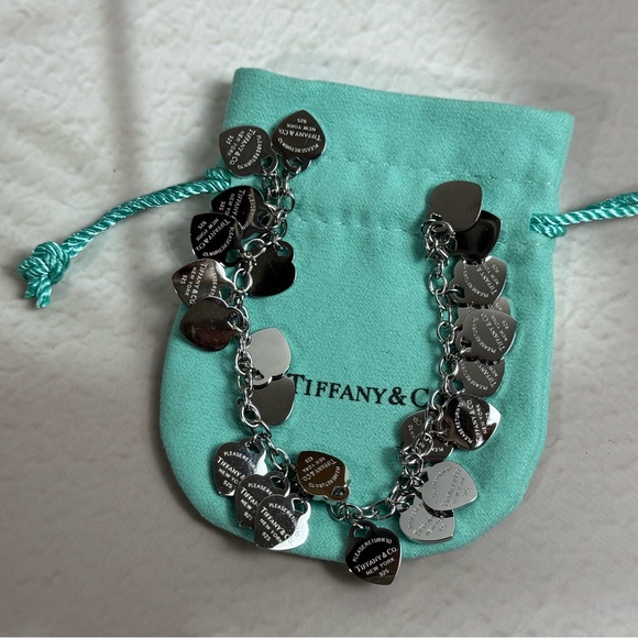 Tiffany &Co. Silver Multi-Heart Charm Bracelet - Turquoise Pouch